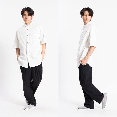 【日本製】 シャツ メンズ 半袖 大きいサイズ ワンポケット 無地 バンドカラー オーガニックコットン 綿100% ブラック(FL24SS-001-bk)